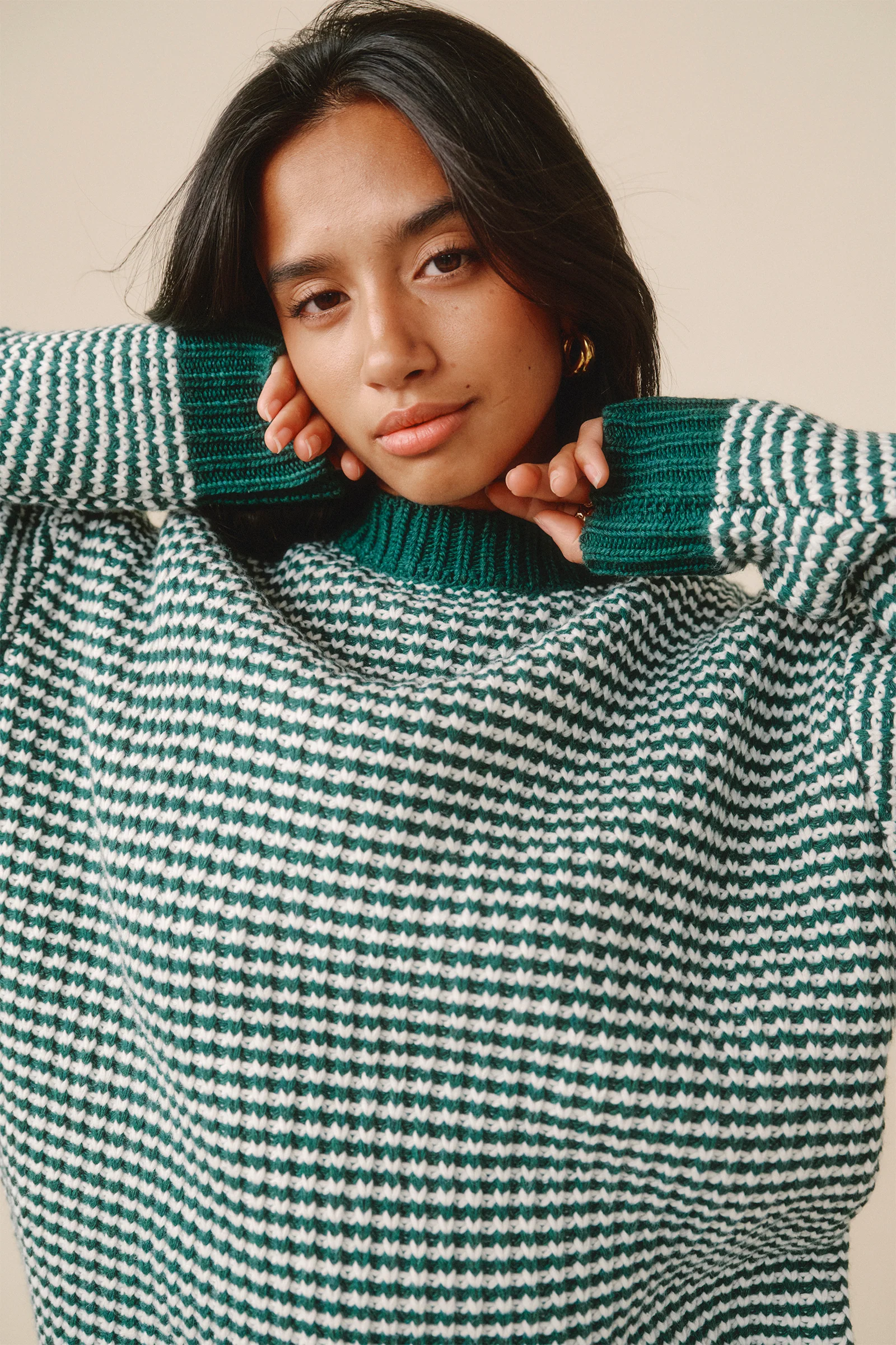 GREEN STRIPE CHUNKY KNIT RIB OVERSIZED SWEATER - Bound