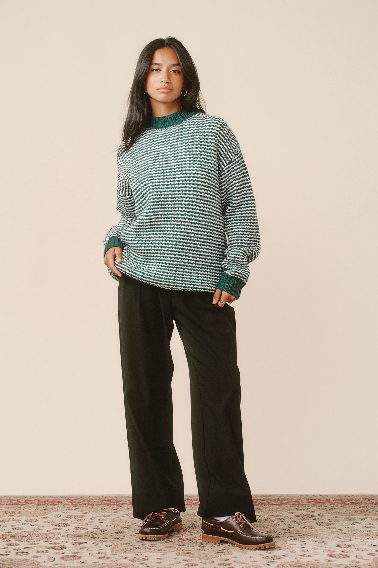 GREEN STRIPE CHUNKY KNIT RIB OVERSIZED SWEATER - Bound
